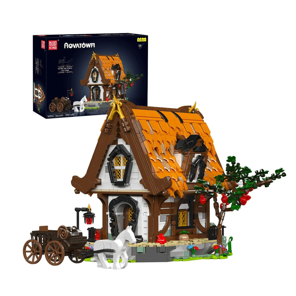 Mould King - Mould King 16054 mittelalterliches Holzhaus mit LED - Lichtkit - Mid Age World Log Cabin - Baubär Boutique
